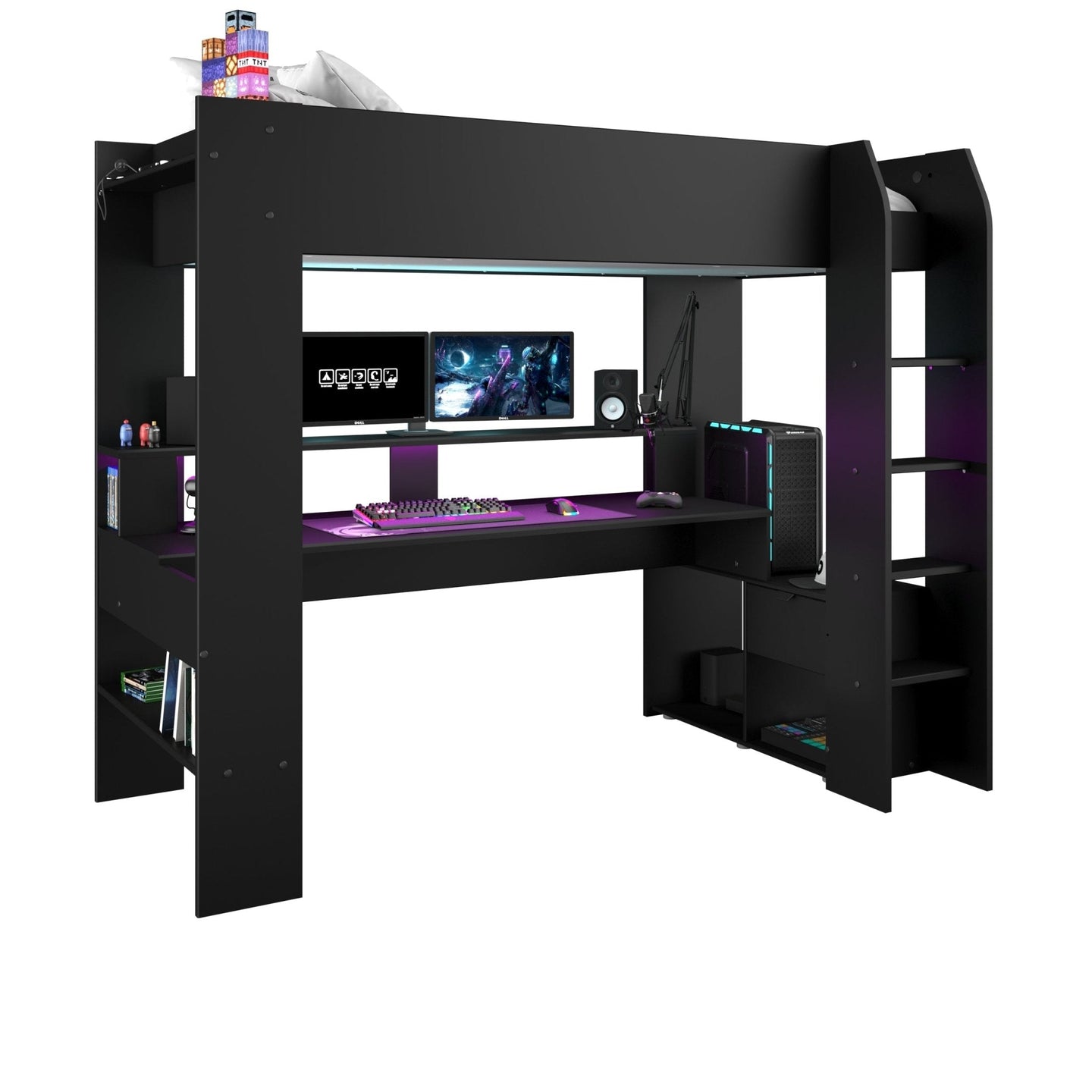 ONLINE Gaming Highbed with desk, ladder, and USB platform in sleek black design.