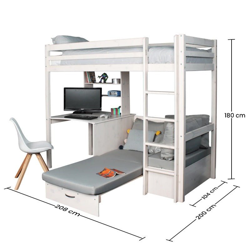 'HIT' High Sleeper Loft Bed with desk and pull-out chair bed, ideal for kids and teens, made from sustainable Scandinavian pine.