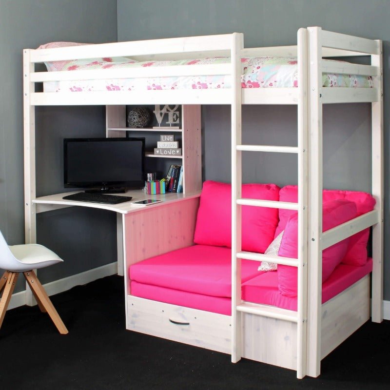 HIT High Sleeper Loft Bed with desk and pink sofa bed, made from sustainable Scandinavian pine, ideal for kids and teens.