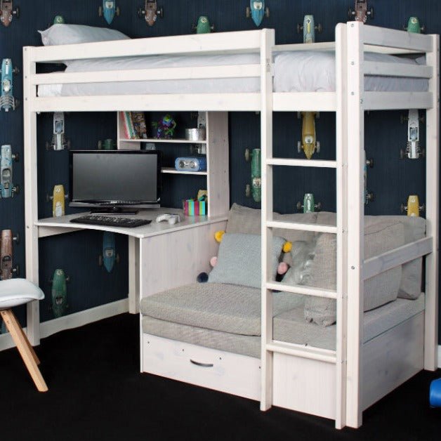 HIT High Sleeper Loft Bed with Desk and Sofa Bed, sustainable Scandinavian pine, space-saving design.