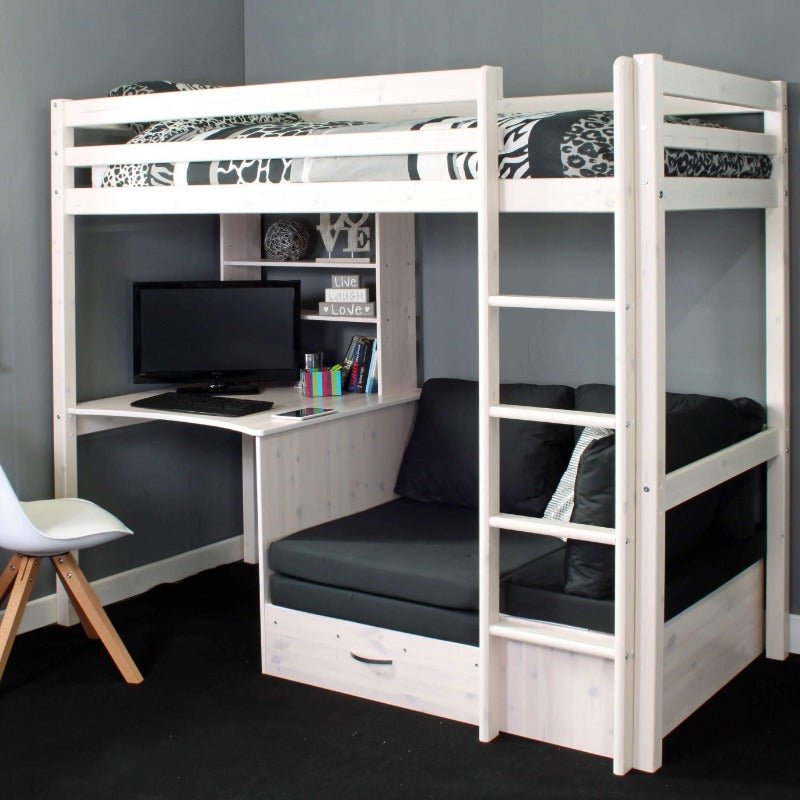 HIT High Sleeper Loft Bed with desk and sofa bed, sustainable Scandinavian pine, space-saving design.