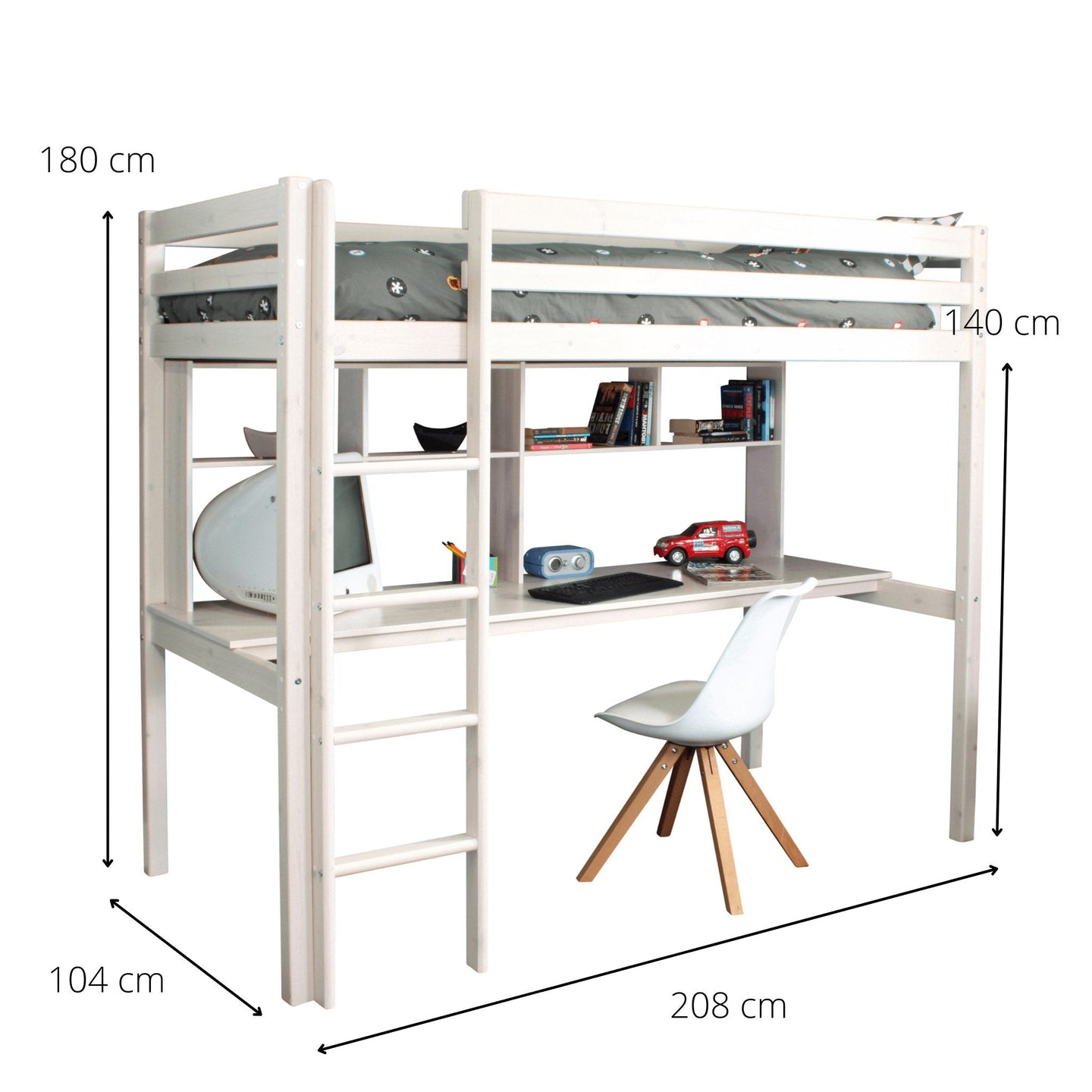 The 'Hit' high sleeper loft bed with a wide desk, shelves, and dimensions; perfect for teens' study or gaming setup.