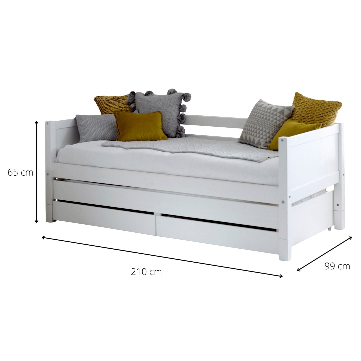 Nordic daybed with trundle pull out and drawers, Scandinavian pine, stylish guest room bed for kids.