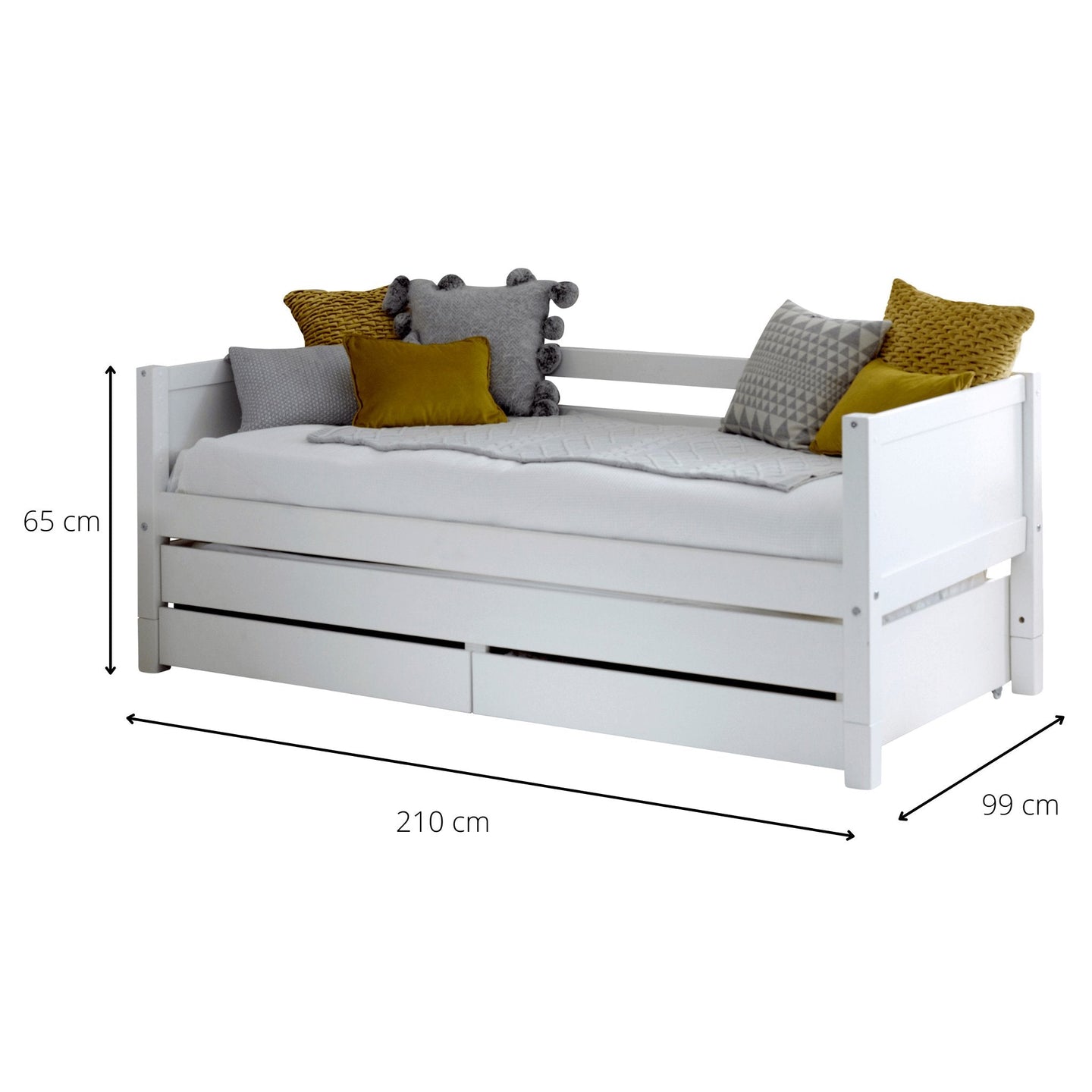 Nordic daybed with trundle pull out and drawers, Scandinavian pine, stylish guest room bed for kids.