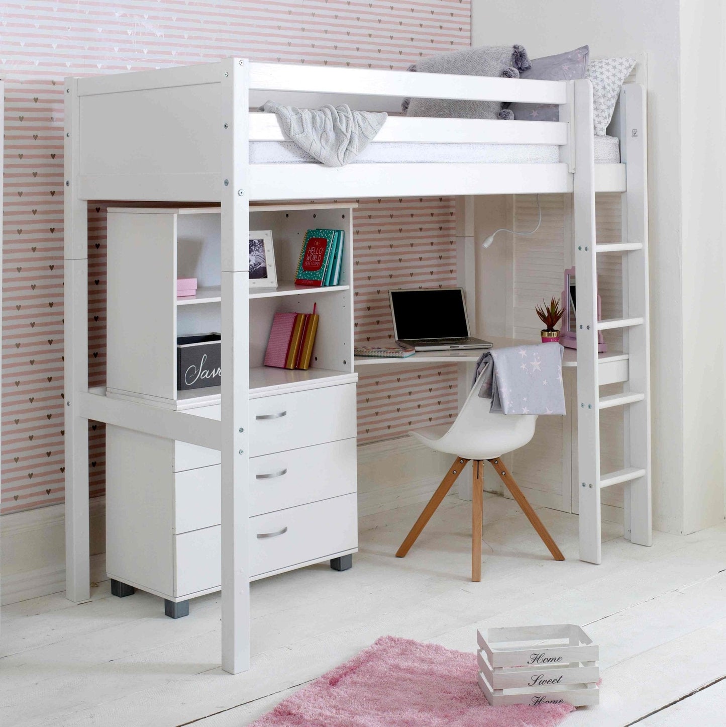 The Nordic High Sleeper Bed with corner desk and storage in white finish, featuring a compact design ideal for small rooms.