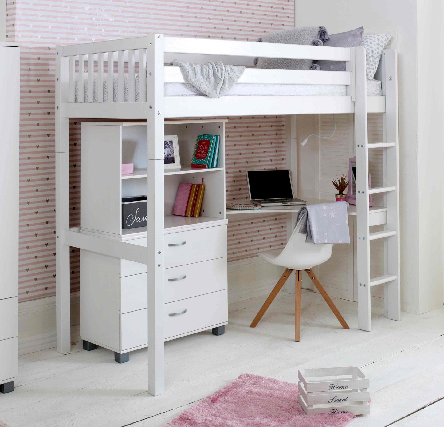 Nordic High Sleeper Bed with corner desk, storage, and stylish design in white.