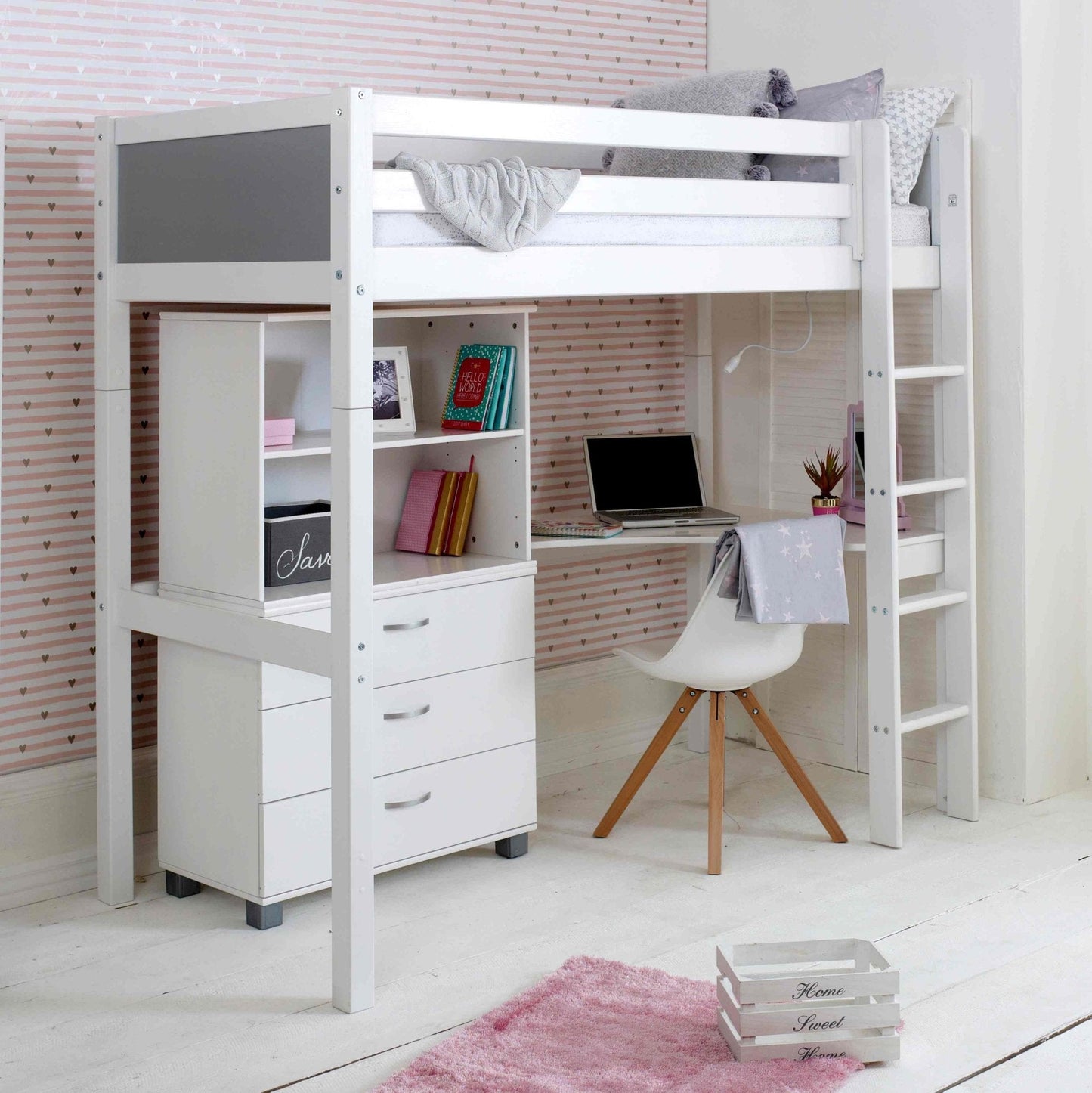 Nordic high sleeper bed with corner desk, storage drawers, and bookcase in a modern room setup.