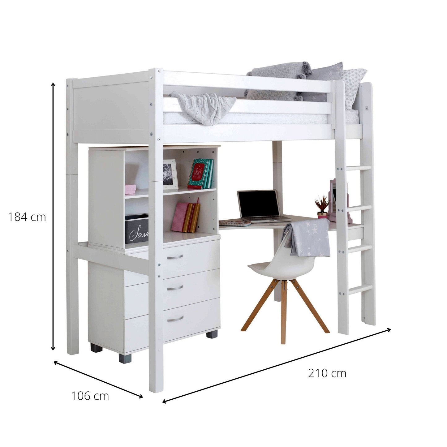 Nordic High Sleeper Bed with corner desk and storage, Scandinavian pine, perfect for teens.