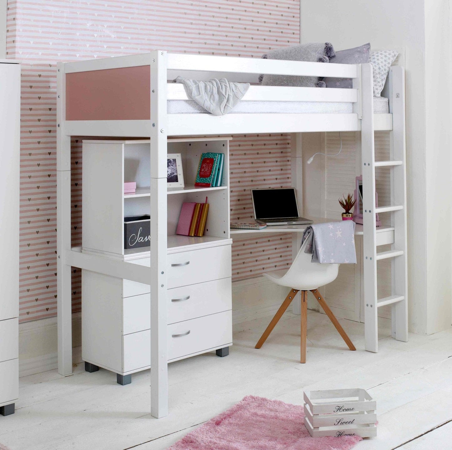 Nordic High Sleeper Bed with desk, storage unit, and ladder in modern white design; ideal for teens' study and space-saving.