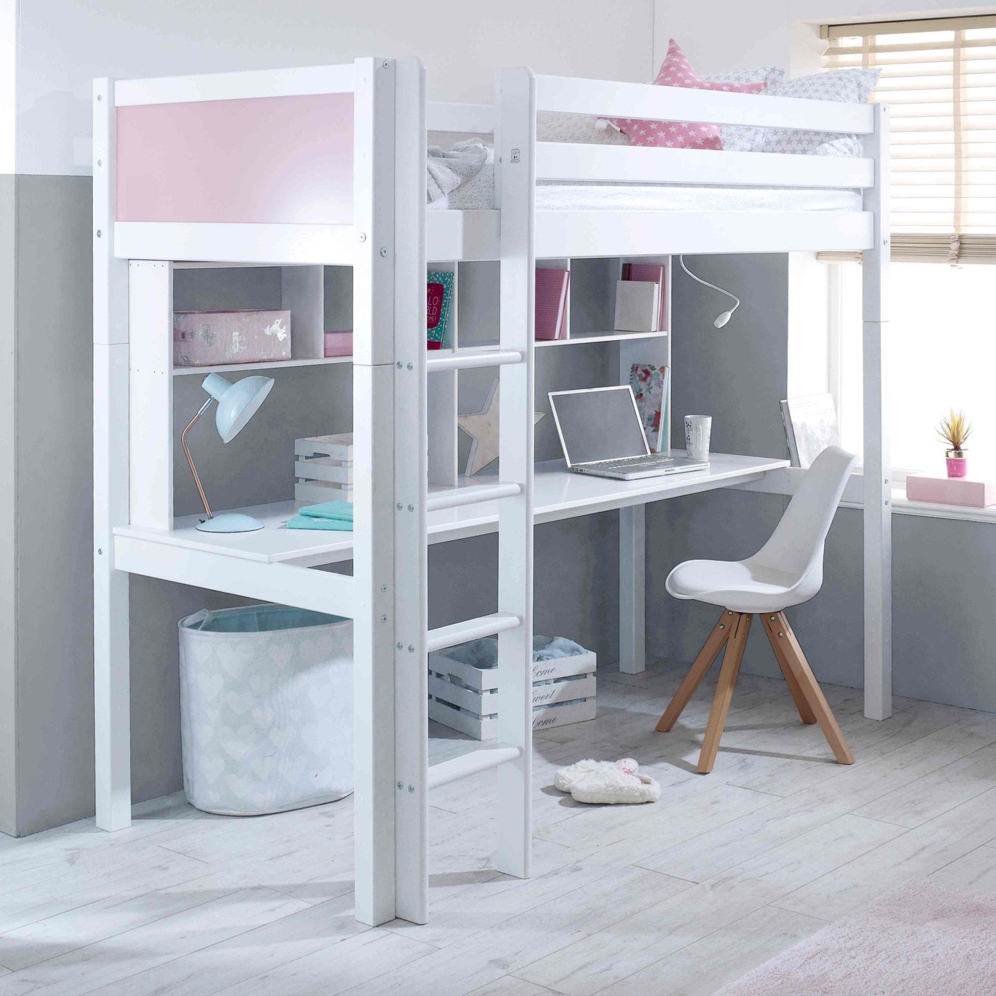 Nordic High Sleeper Bed with desk and shelves in a modern room setting.