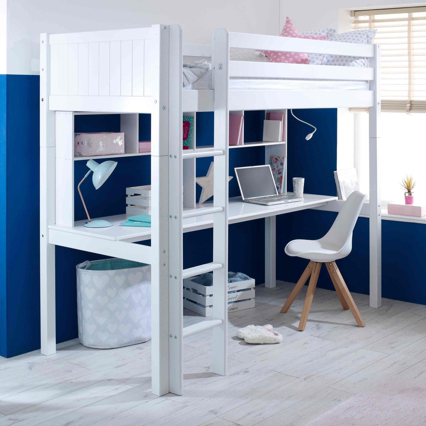 Nordic high sleeper bed with desk and shelves, white pine frame, ideal for smaller bedrooms.