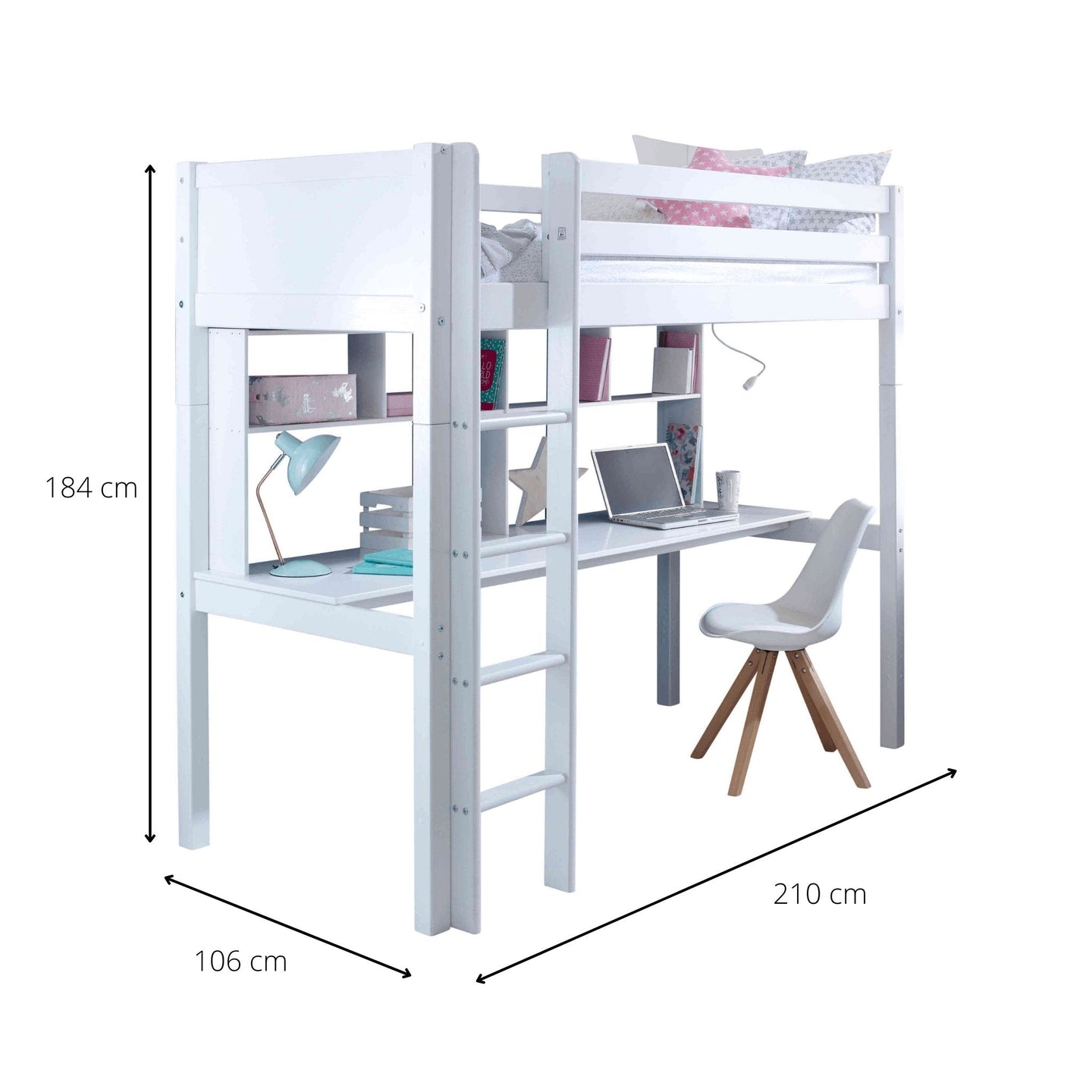 Nordic High Sleeper Bed with desk and shelves, white pine, 210cm length, 106cm width, 184cm height.