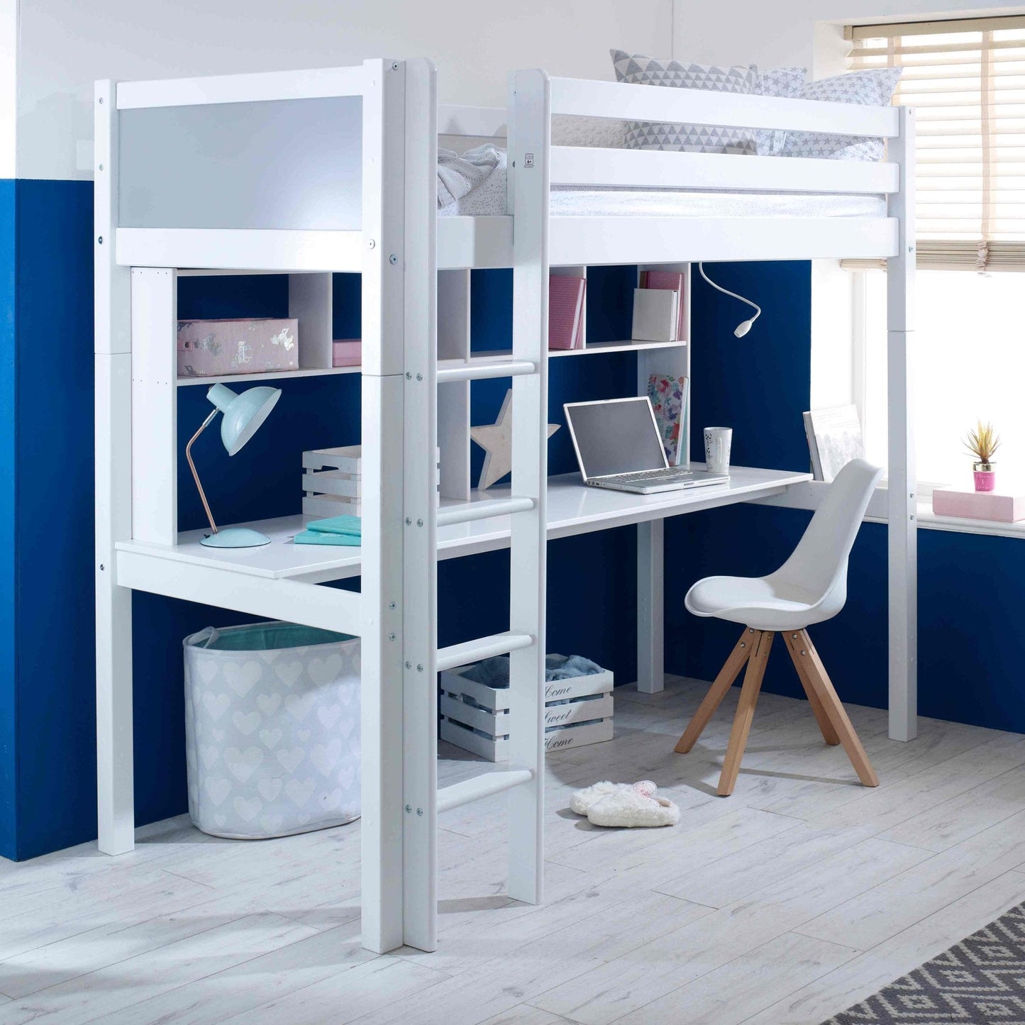 Nordic High Sleeper Bed with Desk and Shelves in white, ideal for small bedrooms.