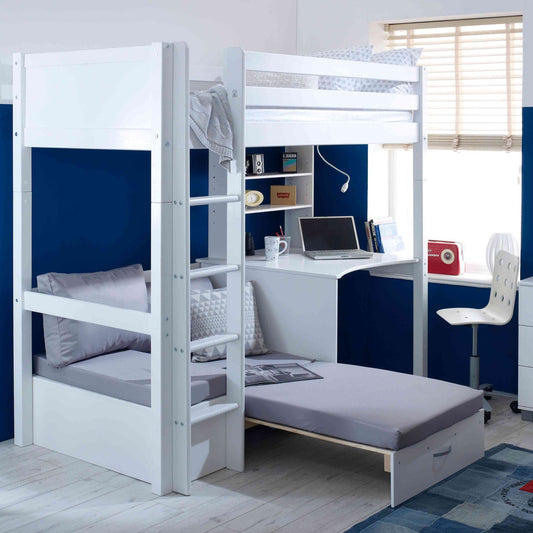 The Nordic High Sleeper Loft Bed with Desk, Shelves & Chair Bed - Millie & Jones