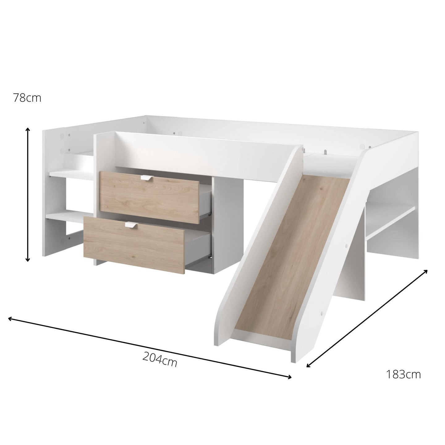 Tobo Mid Sleeper Bed with Slide and Drawers in White and Light Oak, Children's Storage Bed with Safety Features and Shelving, Dimensions: 204cm x 183cm x 78cm