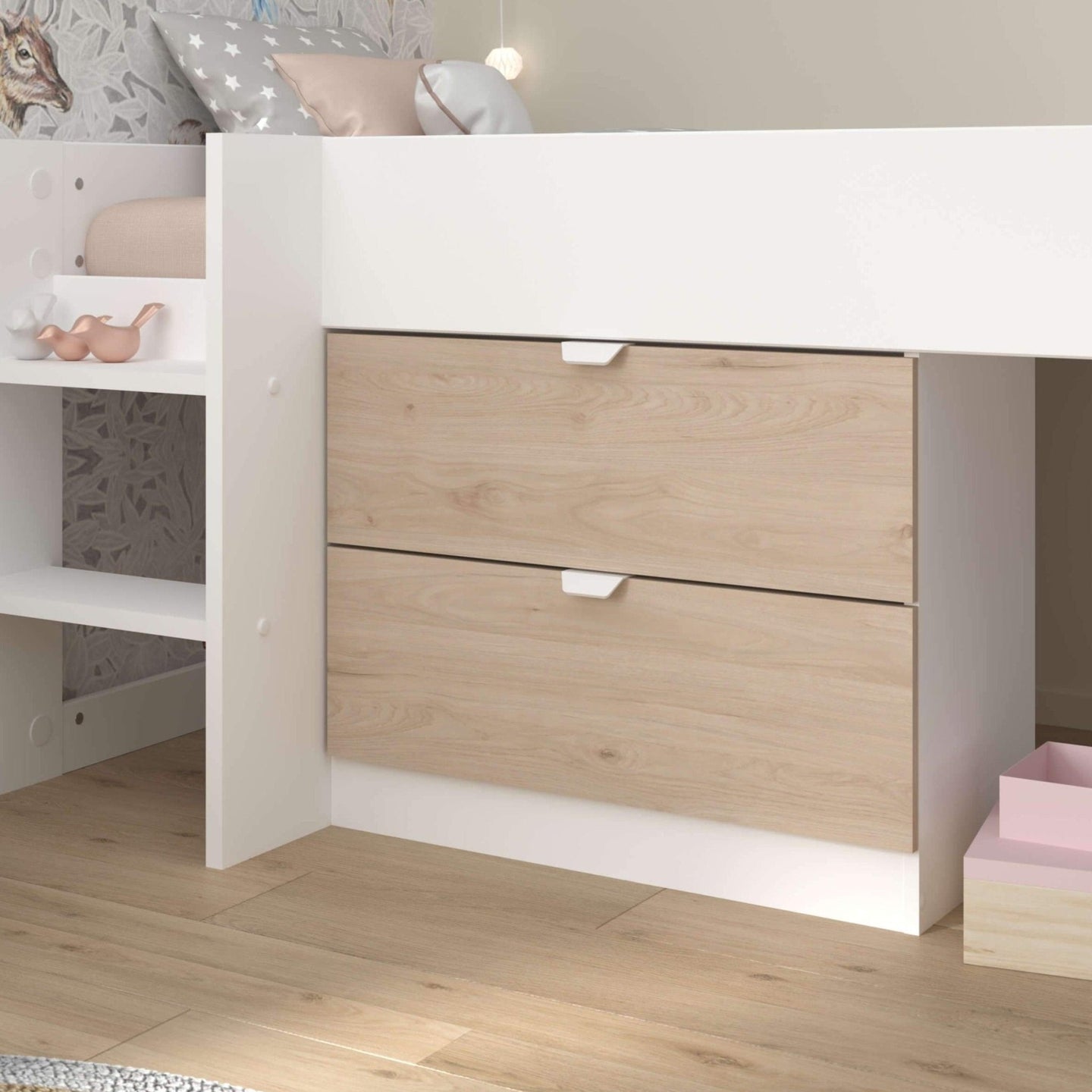 Tobo Mid Sleeper Bed with slide, white and light oak finish, featuring integrated drawers and shelving.