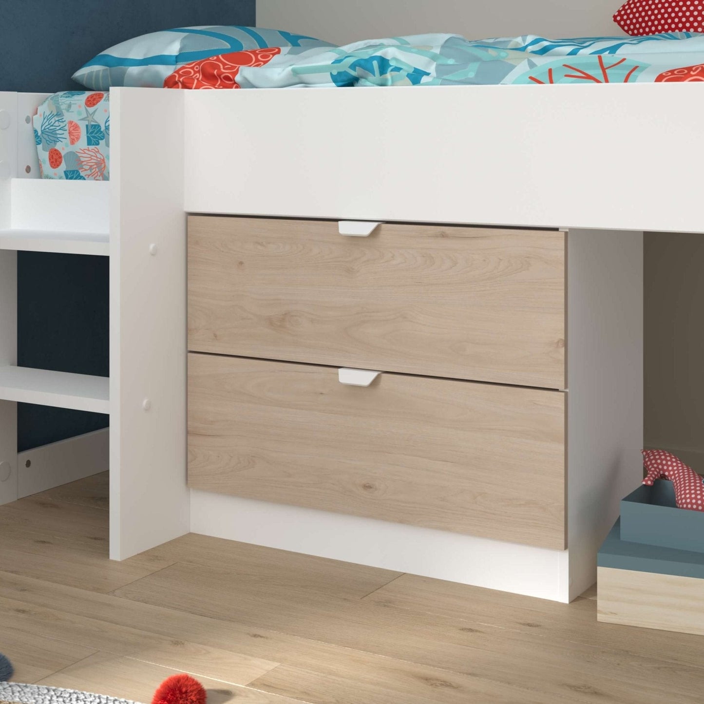 Tobo Mid Sleeper Bed with slide, drawers, and shelving in white and light oak finish.