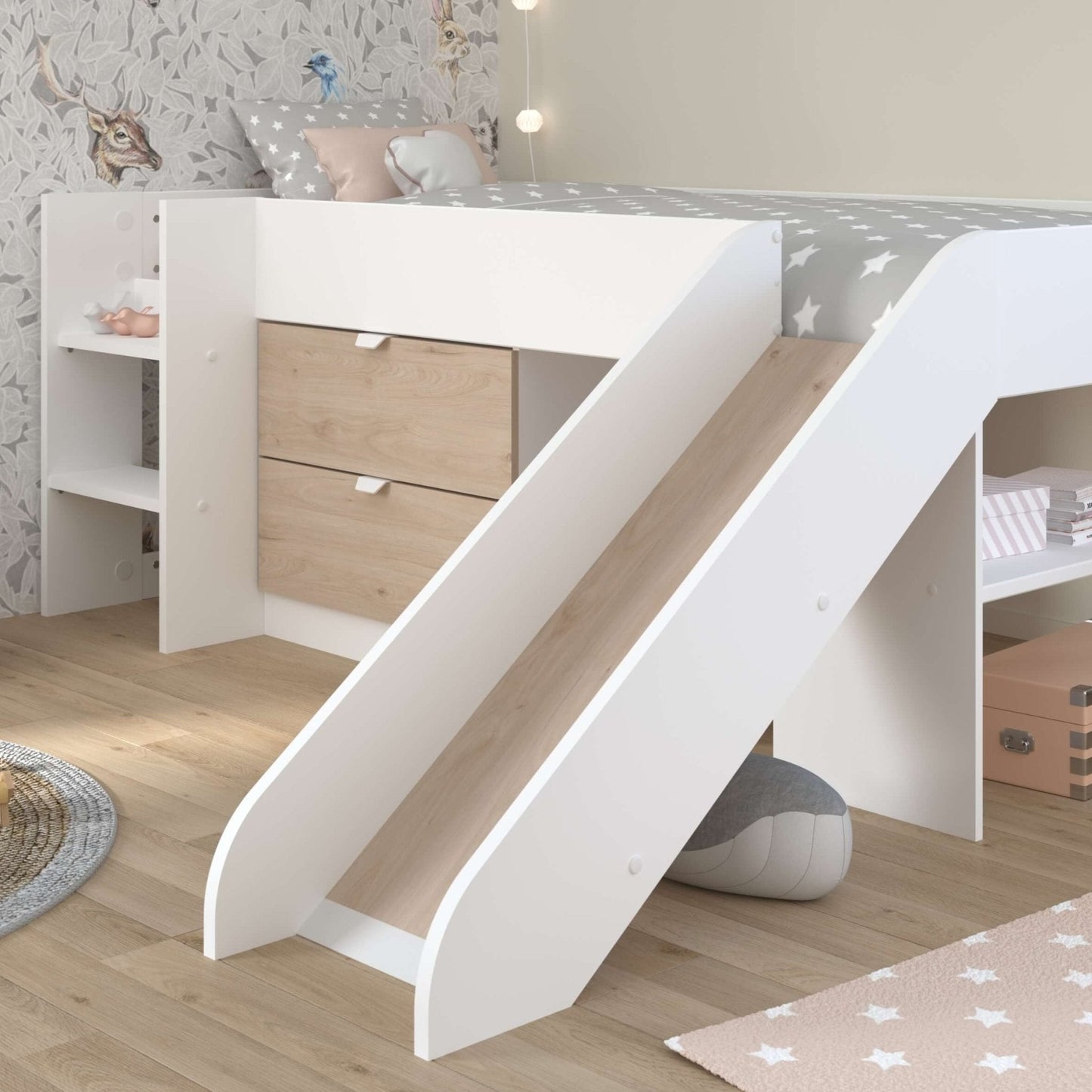 Tobo Mid Sleeper Bed with slide and drawers, Scandinavian style, white and light oak finish.