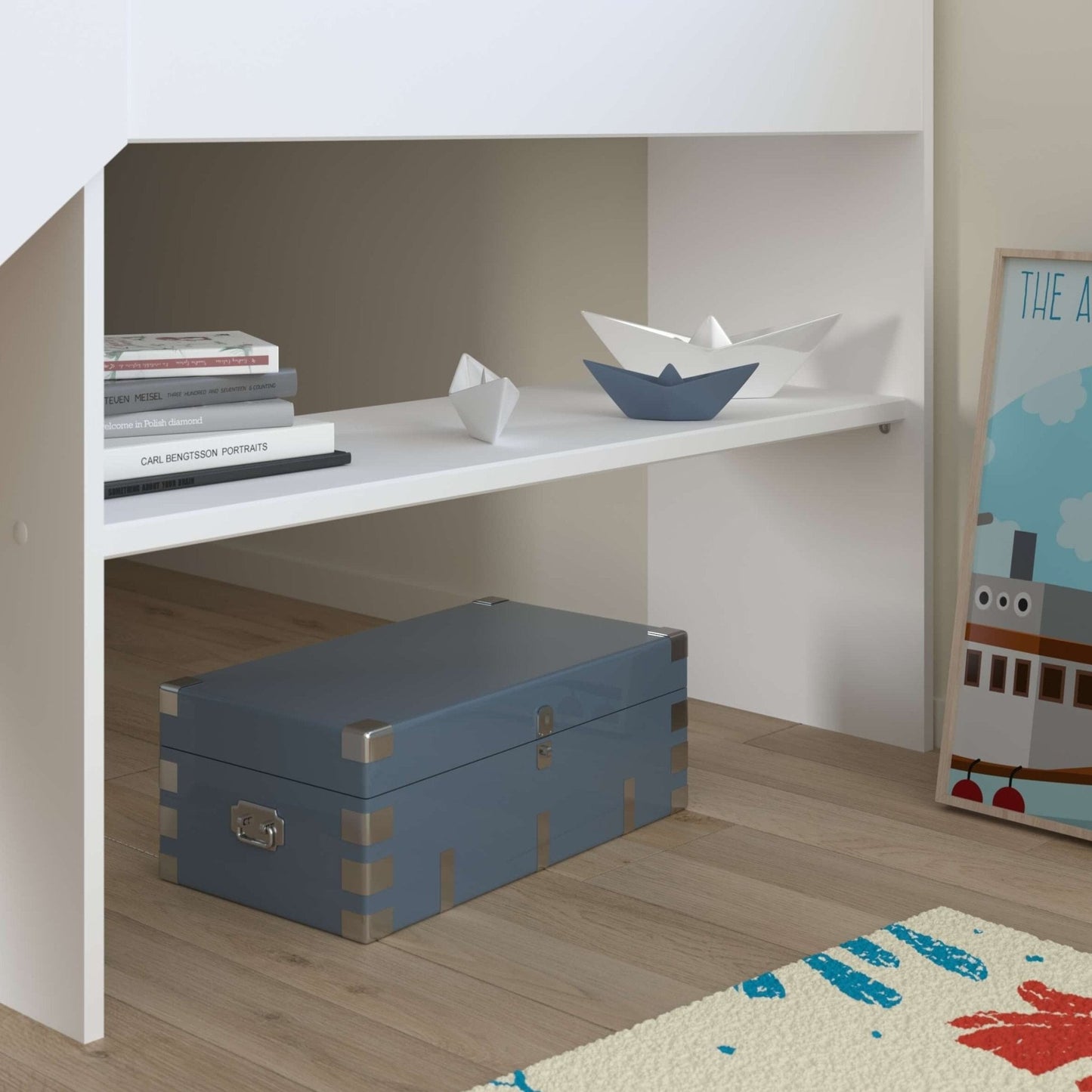 Tobo Mid Sleeper Bed with slide, white finish, underbed shelving, and storage chest.