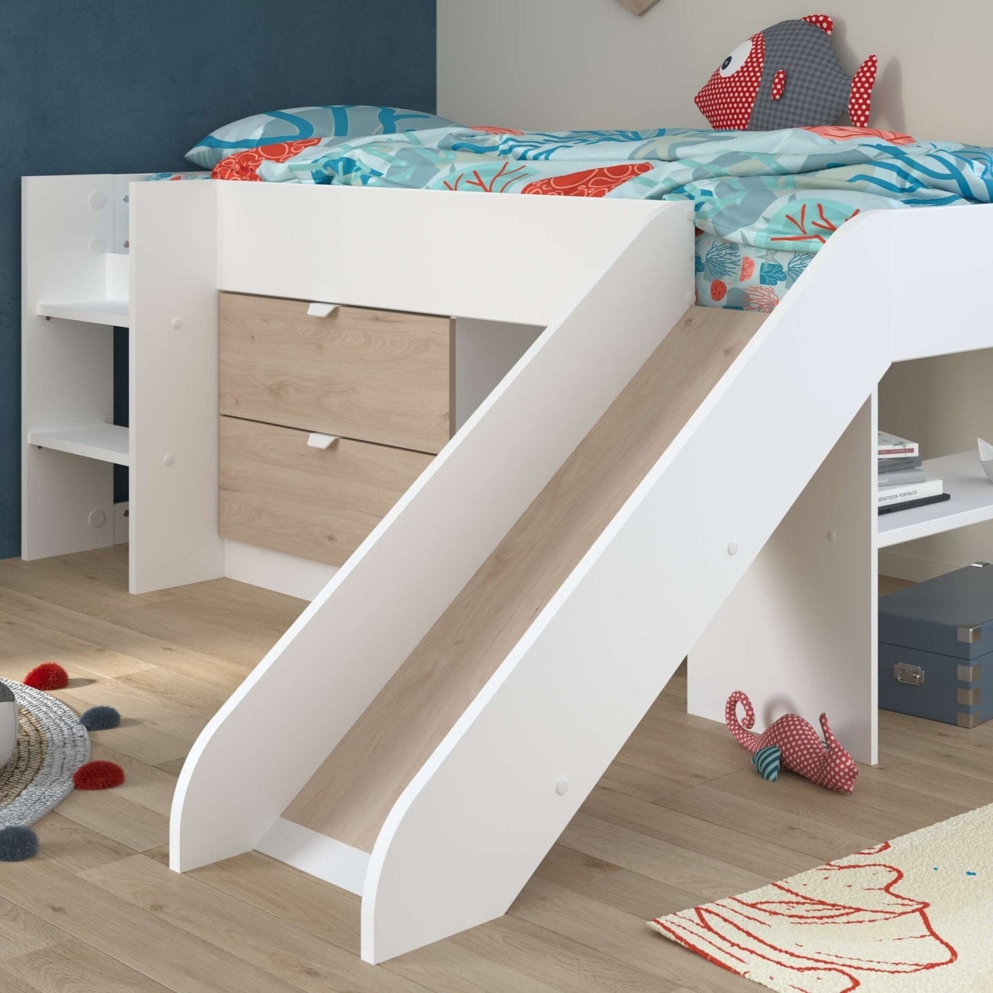 Tobo Mid Sleeper Bed with Slide and Drawers in white and light oak, featuring integrated storage and safety rail, ideal for kids' rooms.