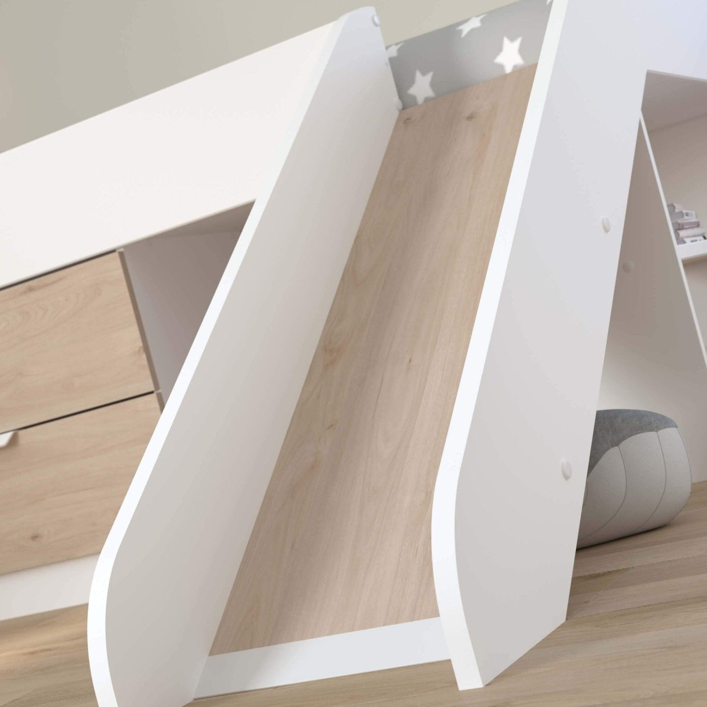 Tobo Mid Sleeper Bed with slide, white and light oak finish, integrated drawers and shelving.