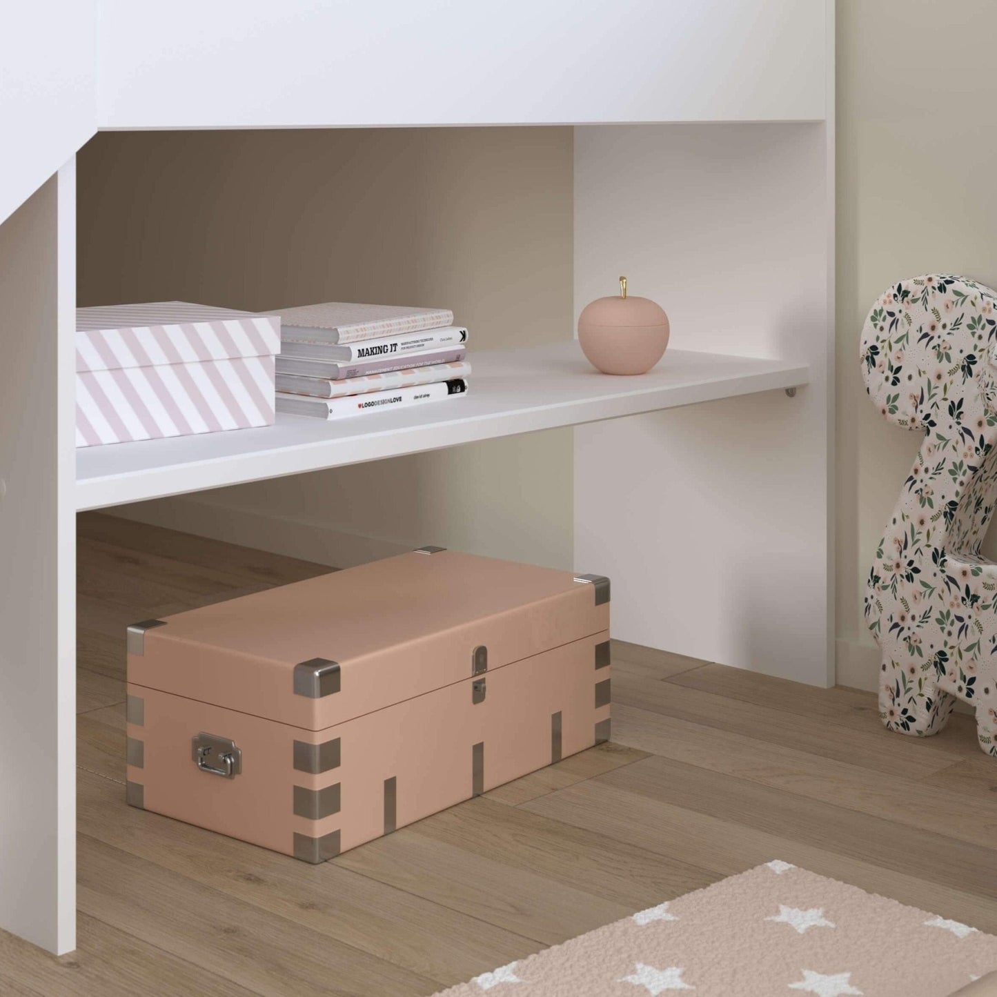 Tobo Mid Sleeper Bed with Slide and Drawers, Scandinavian-style, modern children's bed with integrated storage and safety features.