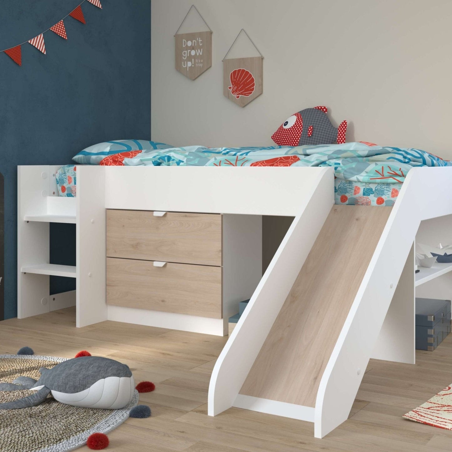 Tobo Mid Sleeper Bed with slide, drawers, and shelving in white and light oak, ideal for kids' bedrooms.