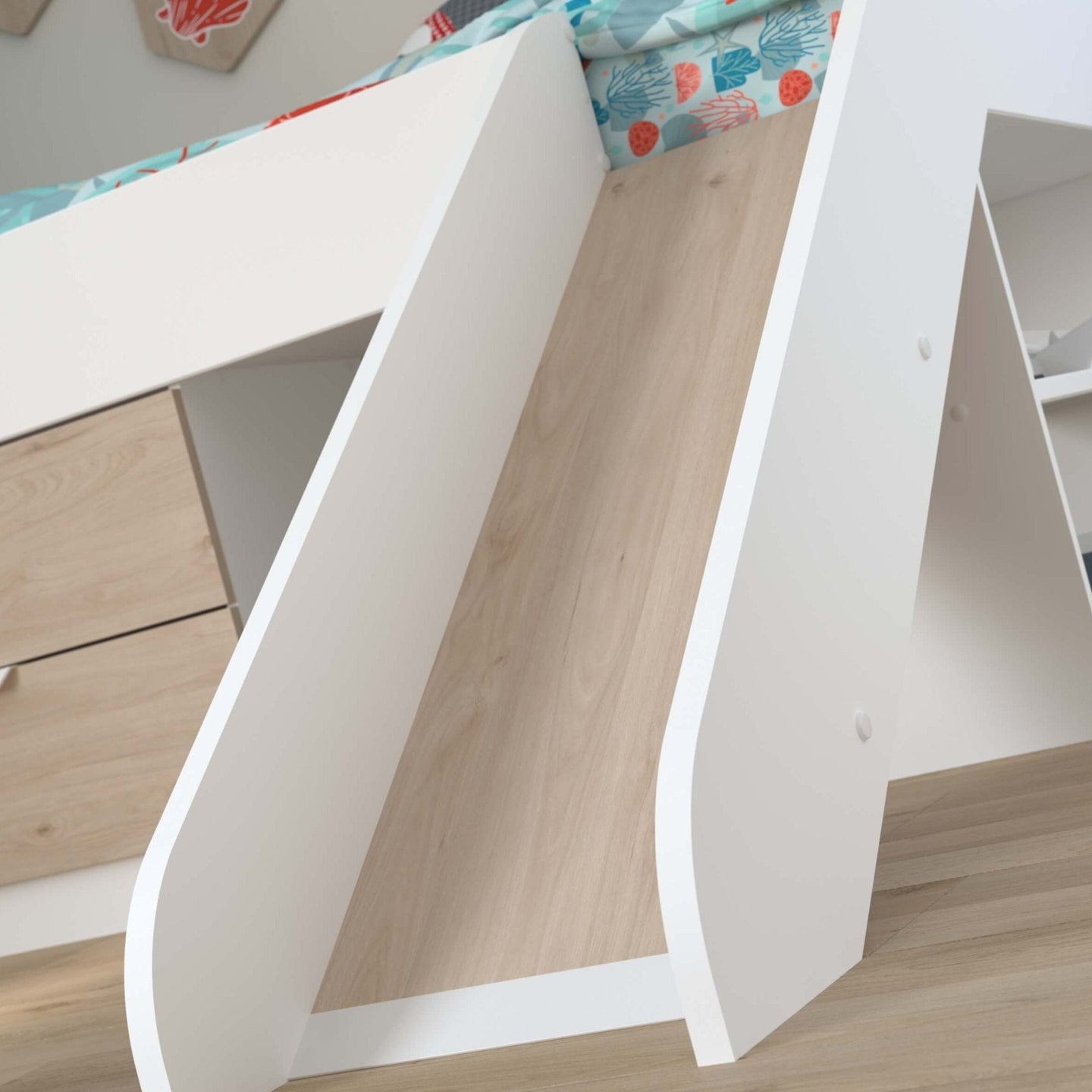 Tobo Mid Sleeper Bed with slide, drawers, and shelving; features white and light oak finish for kids' room with safety rail and wide ladder.