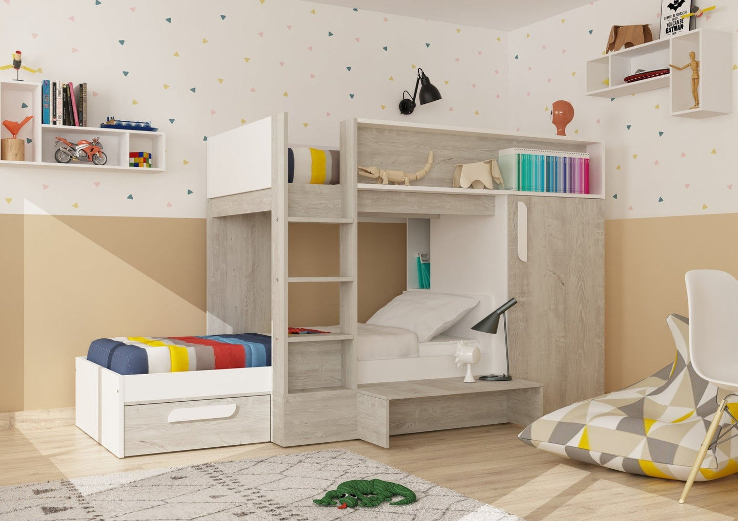 Tordera Reversible Bunkbed with storage, shelves, and safety ladder in light oak and white finish.