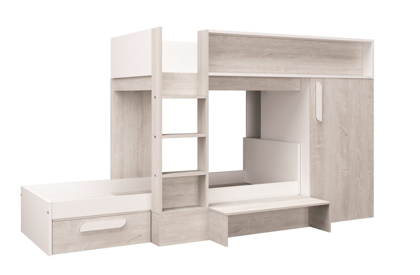 Tordera Reversible Bunkbed with light oak and white finish, integrated wardrobe, shelving, and safety ladder.