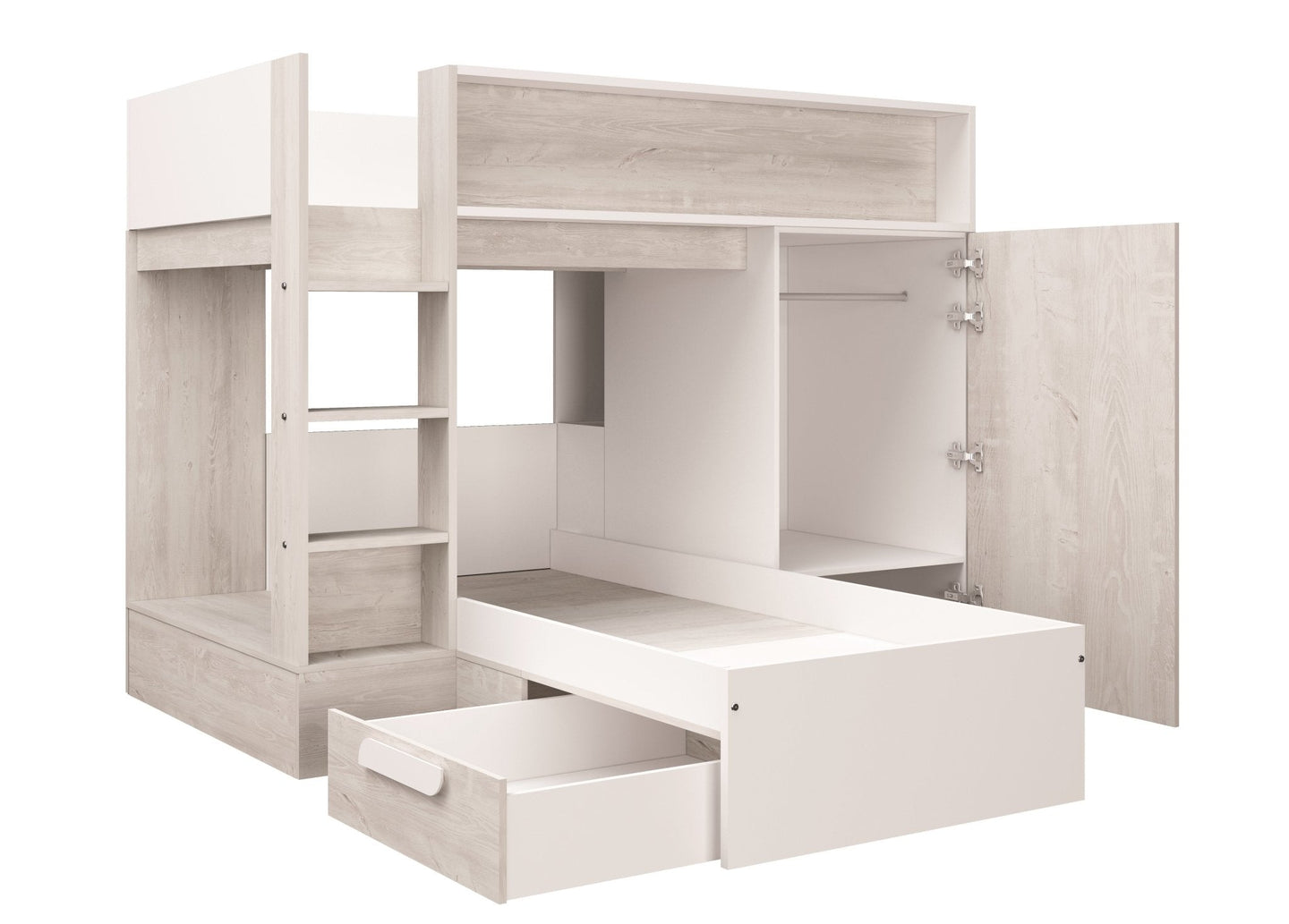 Tordera Reversible Bunkbed with storage, light oak and white finish, integrated wardrobe, and safety ladder.