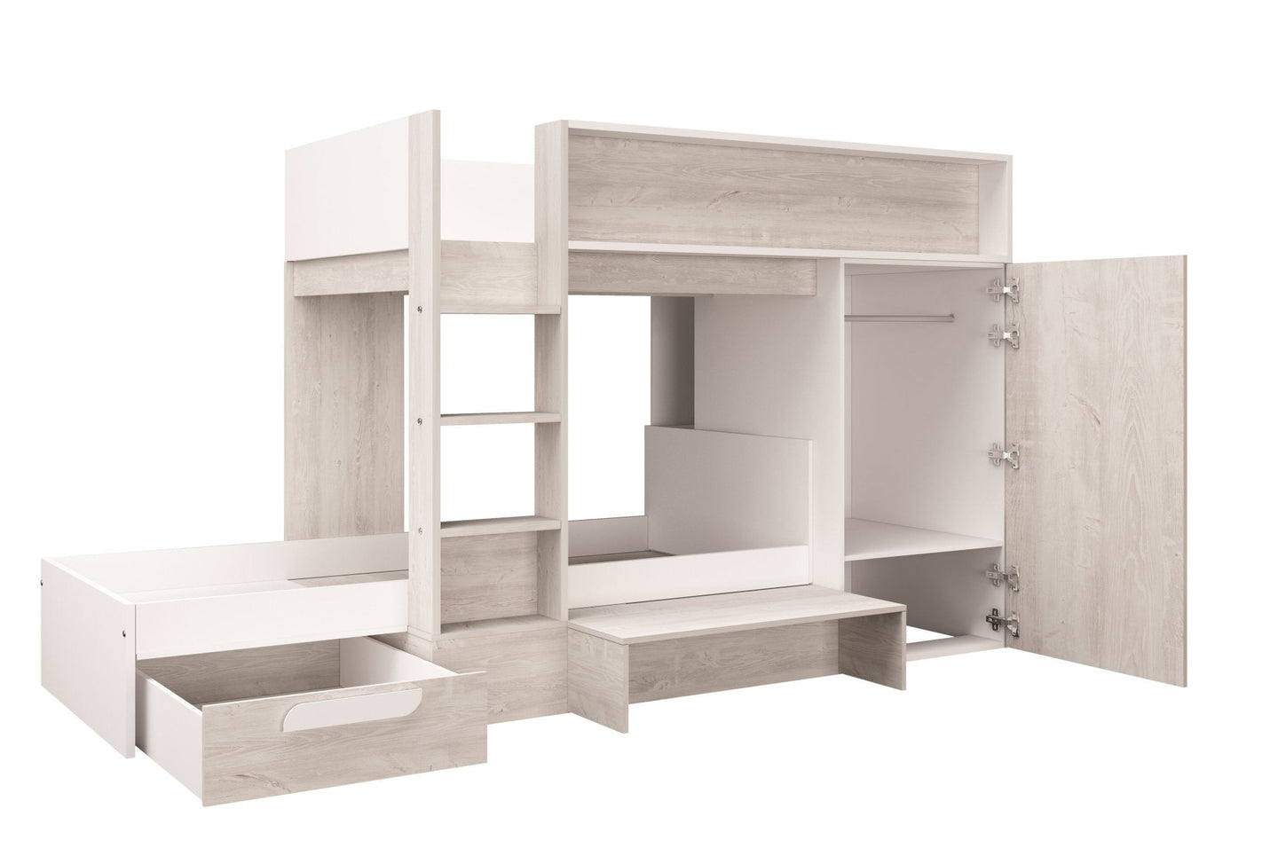 Tordera Reversible Bunkbed with integrated wardrobe, under-bed drawer, shelving, and a light oak and white finish.