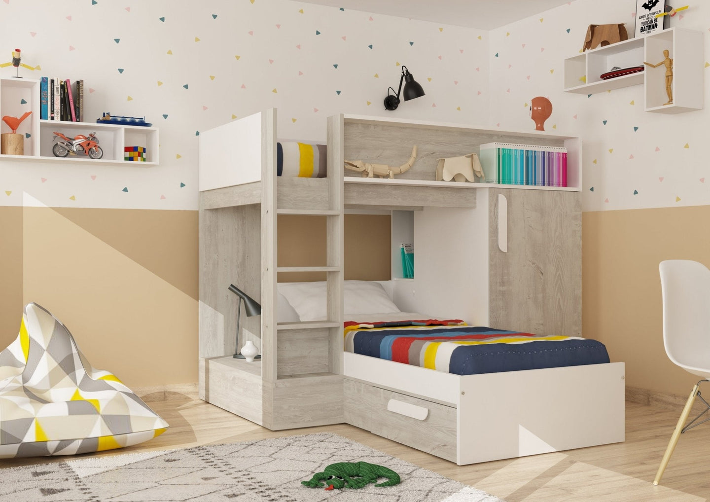 Tordera Reversible Bunkbed with light oak and white finish, integrated storage and safety ladder in a kid's room.