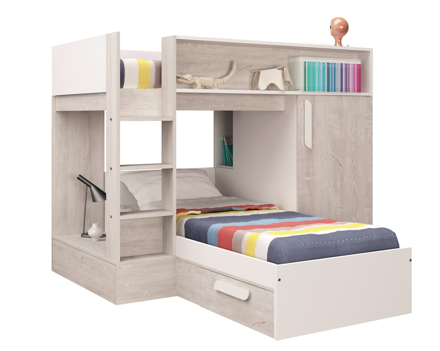 Tordera Reversible Bunkbed with integrated wardrobe, under-bed drawer, shelving, and safety ladder in light oak and white finish.