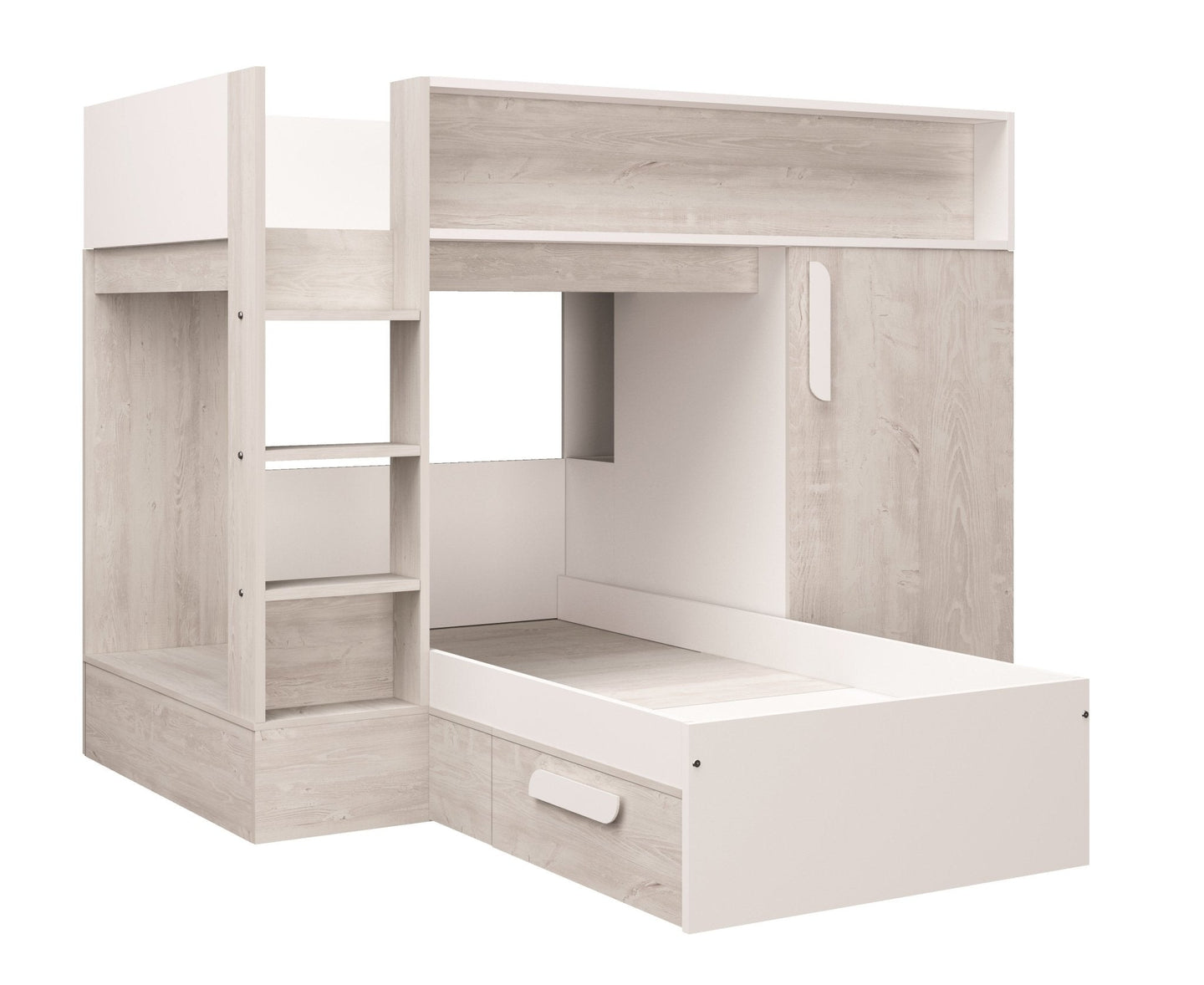 Tordera Reversible Bunkbed with integrated wardrobe, under-bed drawer, shelves, light oak and white finish.