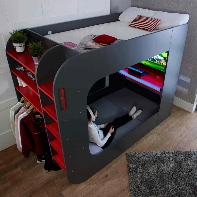 Gaming loft bed with desk, optional sofa bed, built-in LED lights, bookshelves, and clothes rail.