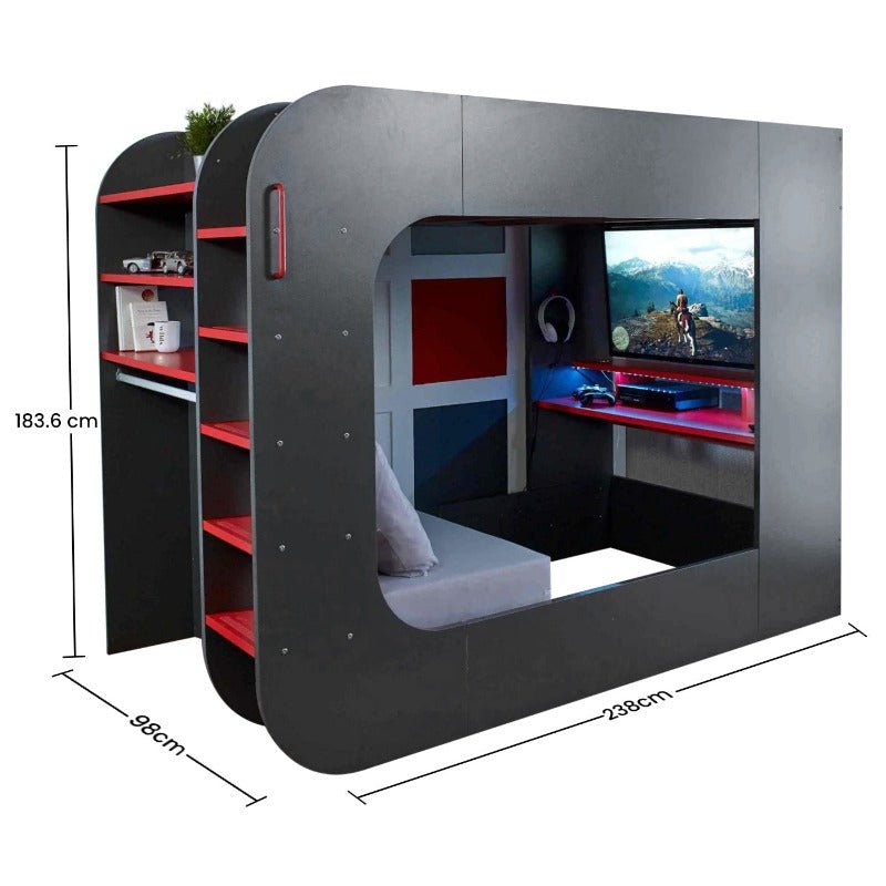 Loftpod Gaming Bed with Desk and Optional Sofa Bed, featuring LED lights, shelves, and safety ladder.