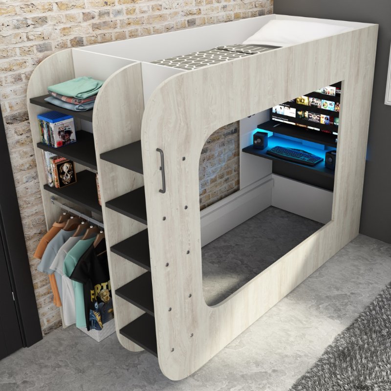 Loftpod gaming bed with desk, optional sofa bed, shelves, and clothes rail, ideal for gaming or study.