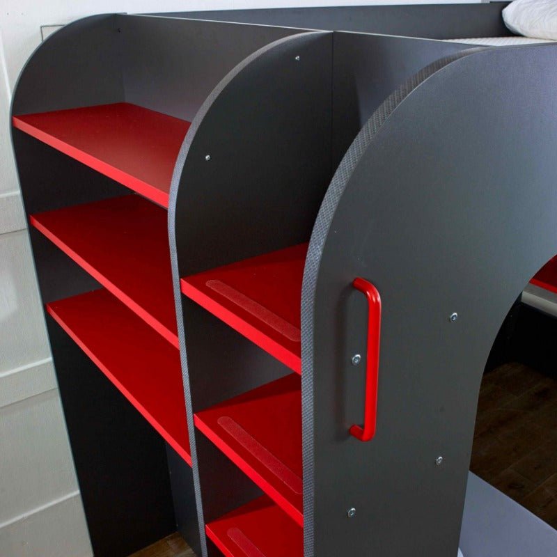 High sleeper gaming bed with integrated desk and optional sofa bed, featuring red shelves and handle.