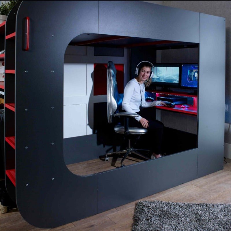 Gaming bed with desk, optional sofa bed, LED lights, and storage shelves.