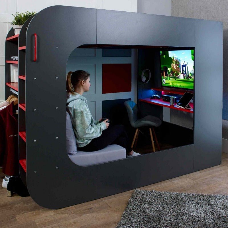 Gaming bed with desk and optional sofa bed, featuring LED lights and storage, perfect for kids.