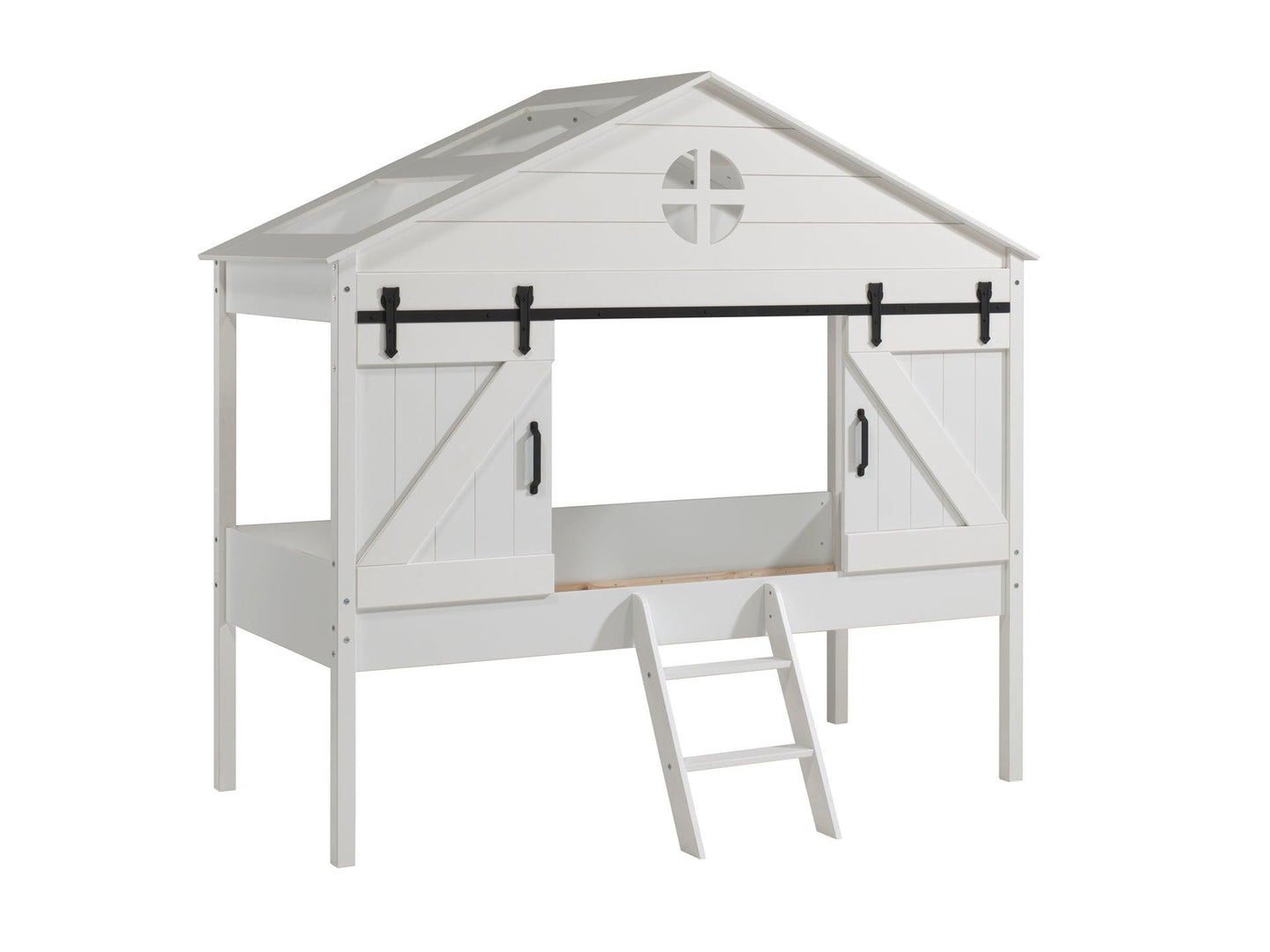 Vipack Barnie Midsleeper in barn-inspired design with sliding barn doors and ladder, white finish.