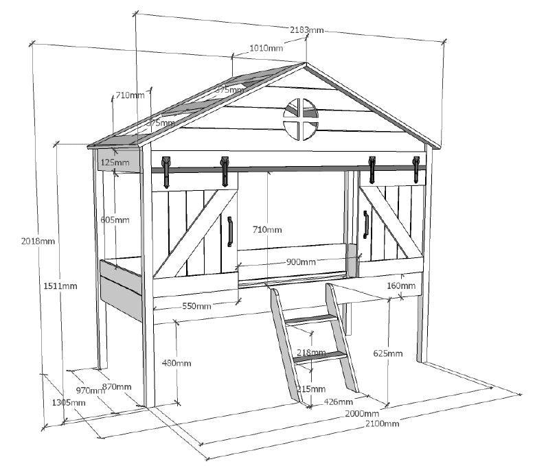 Barn-style children's midsleeper bed design with ladder and sliding doors.