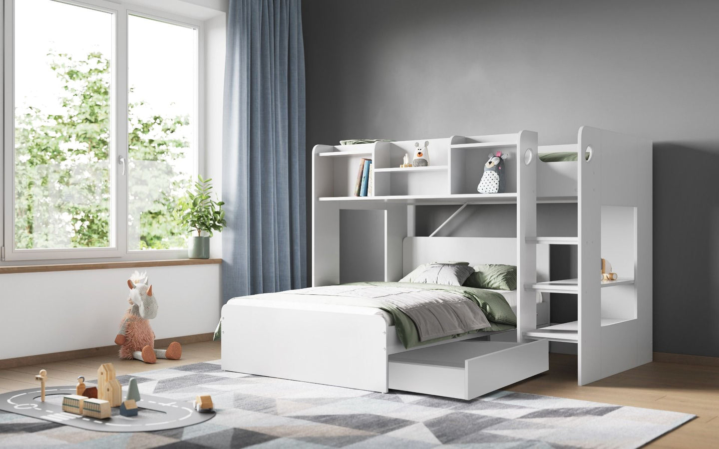 Wizard L Shaped Triple Sleeper, Single over Double with Shelves - Millie & Jones