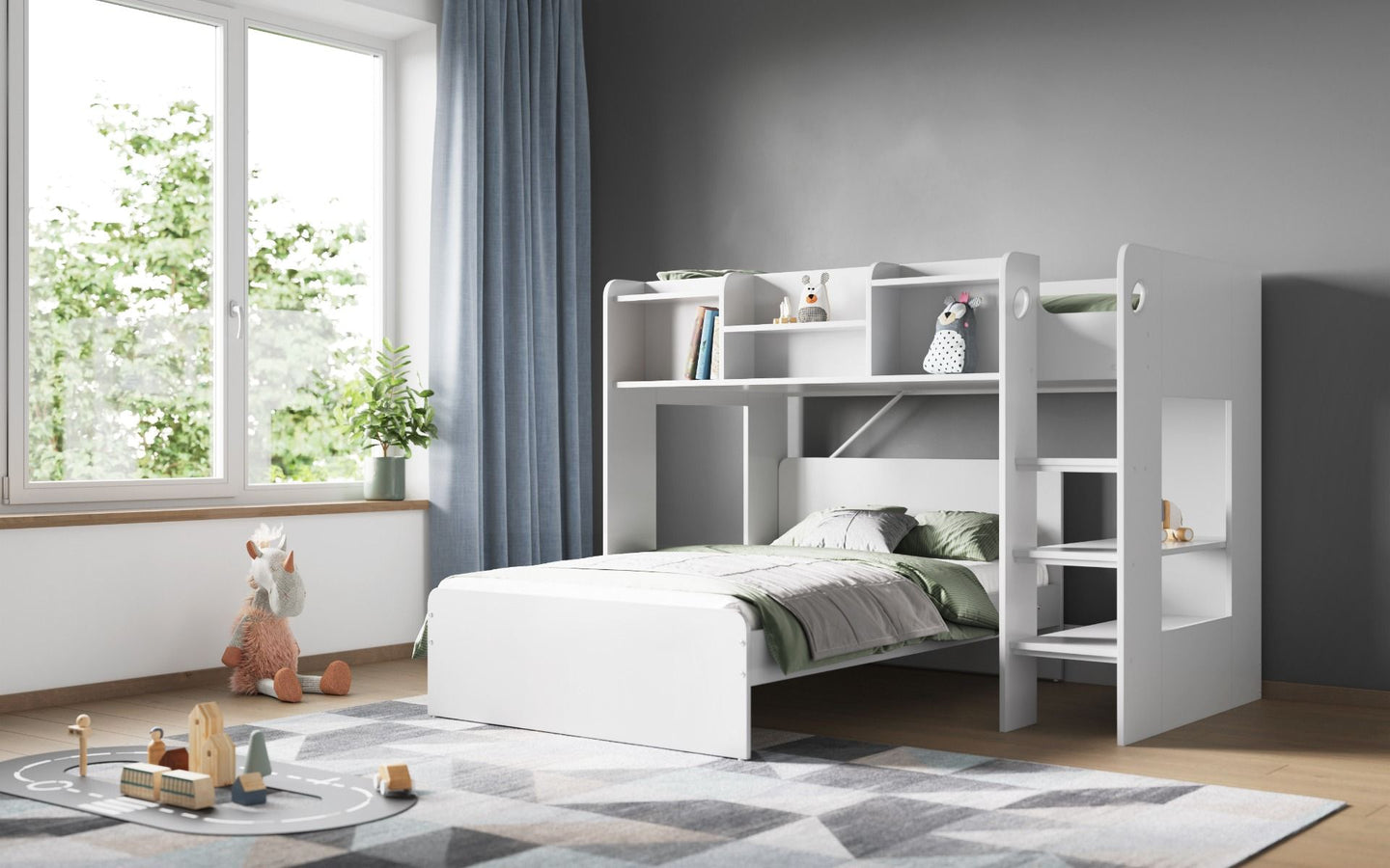 Wizard L Shaped Triple Sleeper, Single over Double with Shelves - Millie & Jones