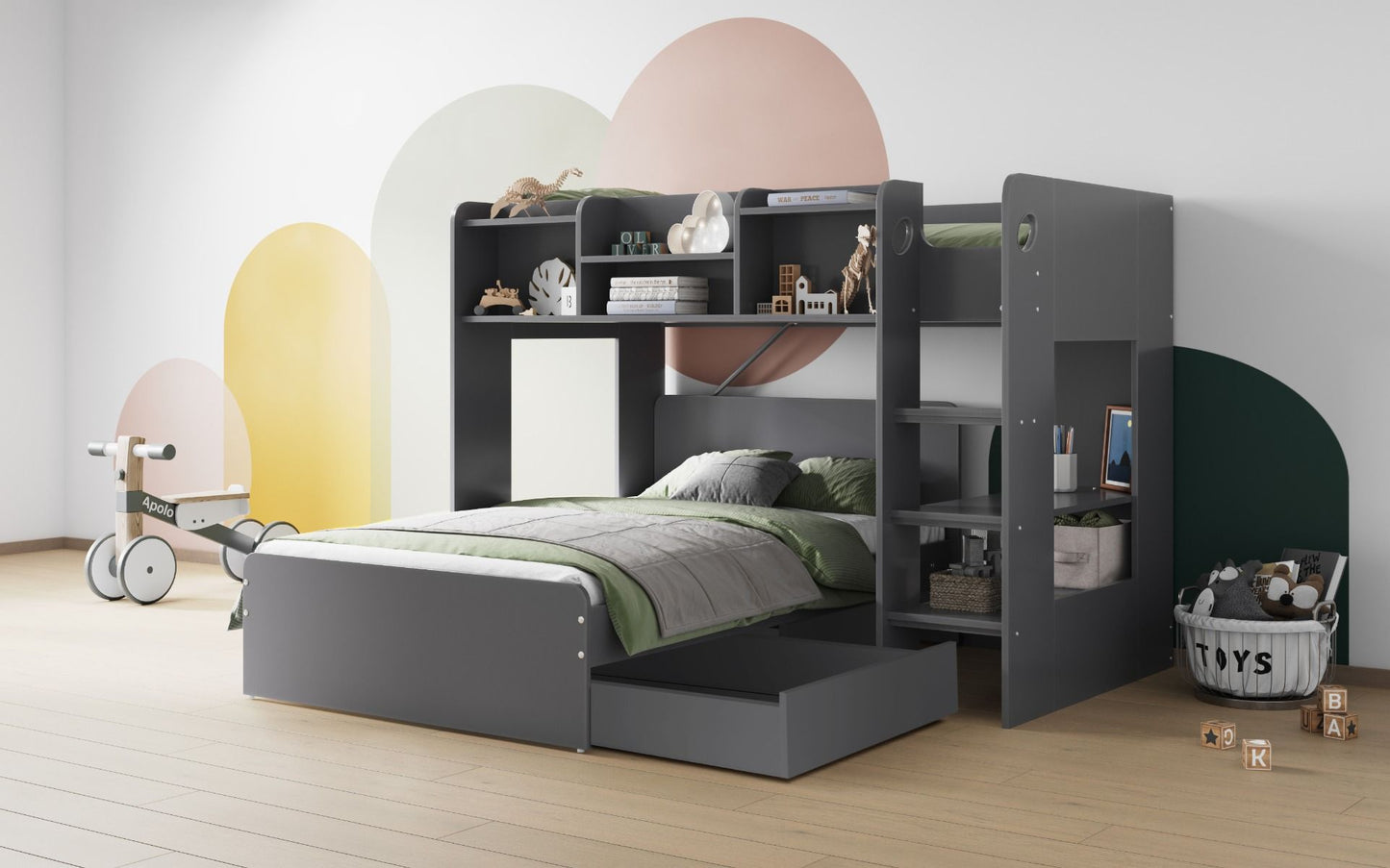 Wizard L Shaped Triple Sleeper, Single over Double with Shelves - Millie & Jones